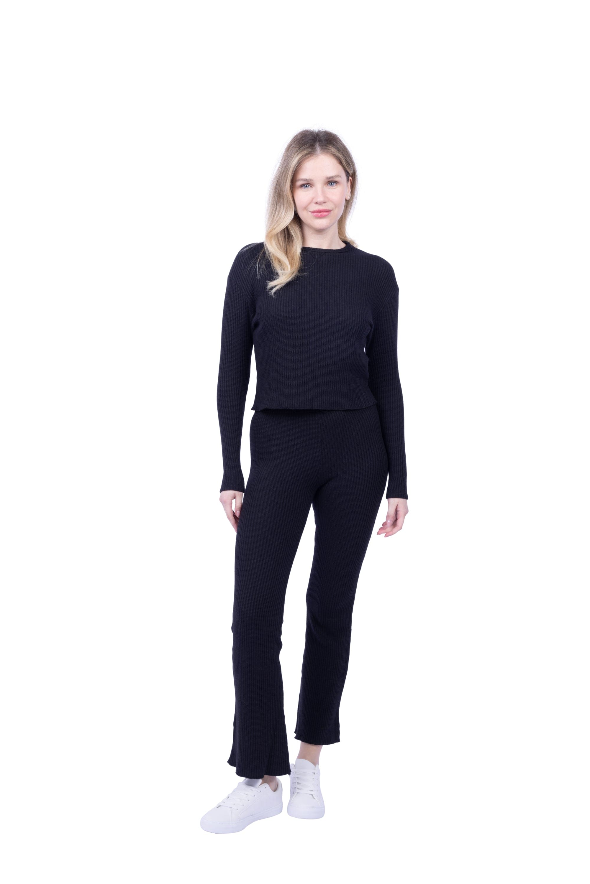 Lezat Pullover Fiona Organic Cotton Waffle Thermal Pullover Top - Black